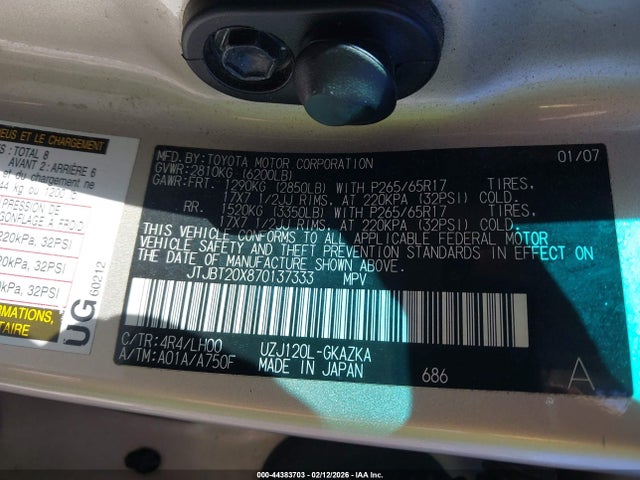 Aukcja sprzedaży 2007 Lexus Gx 470, vin: JTJBT20X870137333, numer aukcji: 44383703