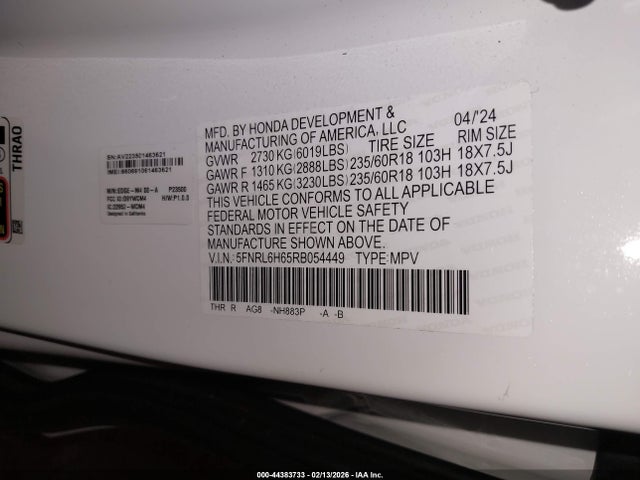 Продажа на аукционе авто 2024 Honda Odyssey Ex-l, vin: 5FNRL6H65RB054449, номер лота: 44383733