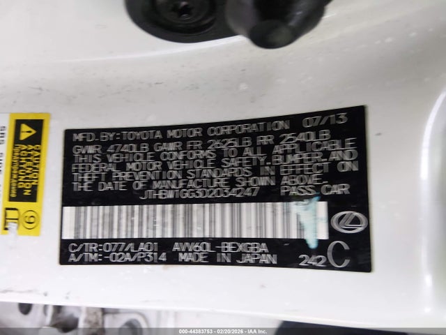 2013 Lexus Es 300h მანქანა იყიდება აუქციონზე, vin: JTHBW1GG3D2034247, აუქციონის ნომერი: 44383753