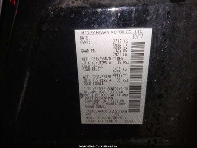 Продажа на аукционе авто 2013 Infiniti Jx35, vin: 5N1AL0MM4DC325789, номер лота: 44383762