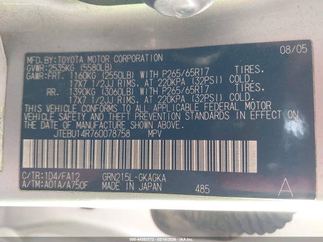 2006 TOYOTA 4RUNNER JTEBU14R760078758 Photo 8