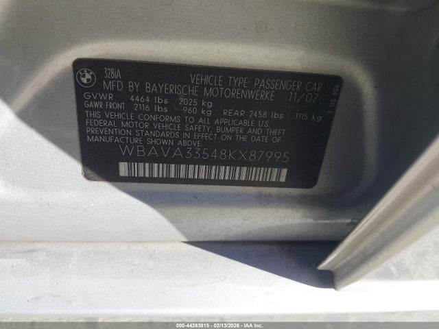 44383815 :رقم المزاد ، WBAVA33548KX87995 vin ، 2008 Bmw 328i مزاد بيع
