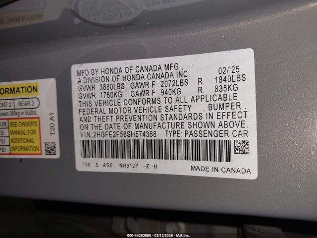 Продаж на аукціоні авто 2025 Honda Civic Sport, vin: 2HGFE2F56SH574368, номер лоту: 44383855