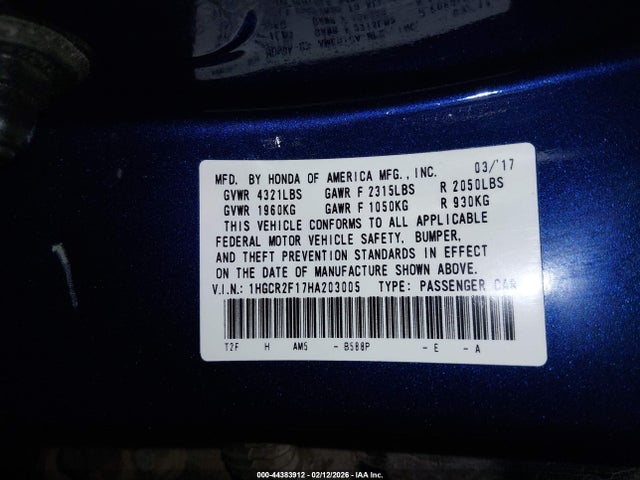 1HGCR2F17HA203005 Honda Accord Sport Se