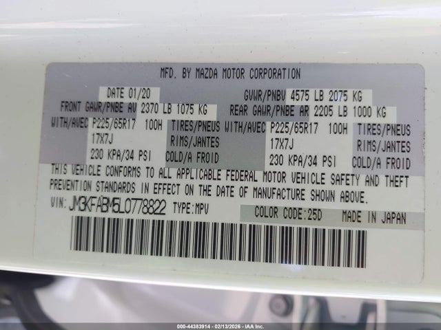 44383914 :رقم المزاد ، JM3KFABM5L0778822 vin ، 2020 Mazda Cx-5 Sport مزاد بيع