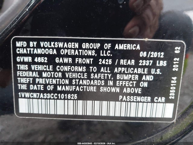 44383945 :رقم المزاد ، 1VWCN7A33CC101825 vin ، 2012 Volkswagen Passat 2.0l Tdi Sel Premium مزاد بيع