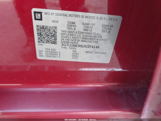 Продаж на аукціоні авто 2018 Gmc Sierra 1500 Slt, vin: 3GTU1NER5JG374149, номер лоту: 44383951
