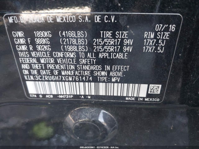 3CZRU6H7XGM761474 Honda Hr-v Ex-l