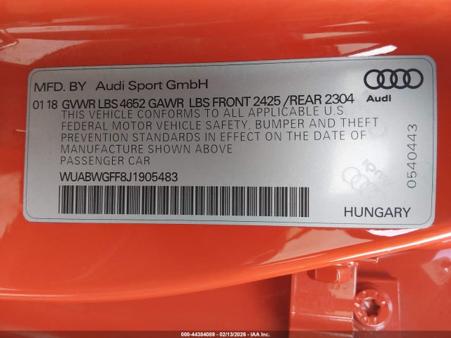 Aukcja sprzedaży 2018 Audi Rs 3 2.5t, vin: WUABWGFF8J1905483, numer aukcji: 44384089