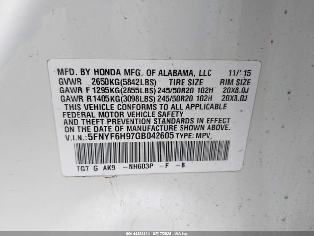 5FNYF6H97GB042605 Honda Pilot Touring