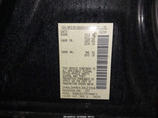 1N4AL3AP4EN362356 Nissan Altima 2.5 S