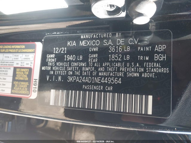 Aukcja sprzedaży 2022 Kia Rio S, vin: 3KPA24AD1NE449564, numer aukcji: 44384127