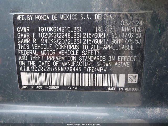 Продажа на аукционе авто 2024 Honda Hr-v Awd Ex-l/awd Ex-l W/o Bsi, vin: 3CZRZ2H79RM779445, номер лота: 44384163