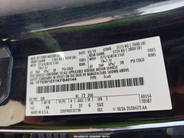 44384170 :رقم المزاد ، 1FTEW1E51KFB49144 vin ، 2019 Ford F-150 Lariat مزاد بيع