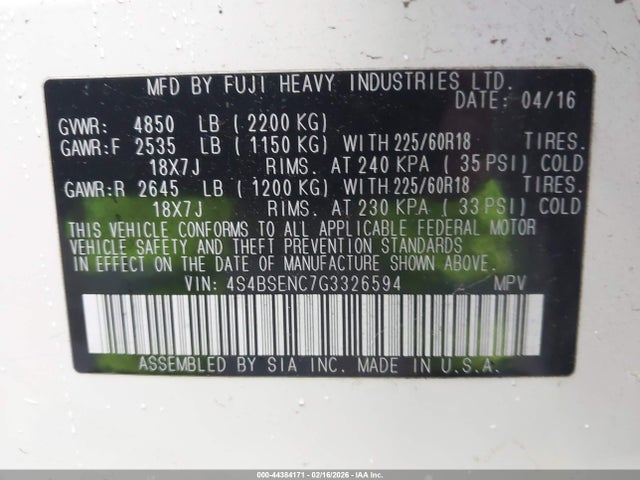 4S4BSENC7G3326594 Subaru Outback 3.6r Limited