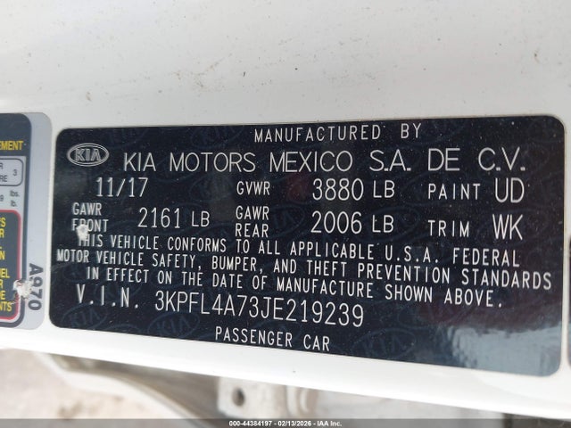 Продажа на аукционе авто 2018 Kia Forte S, vin: 3KPFL4A73JE219239, номер лота: 44384197