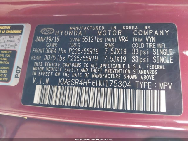 KM8SR4HF6HU175304 Hyundai Santa Fe Limited Ultimate