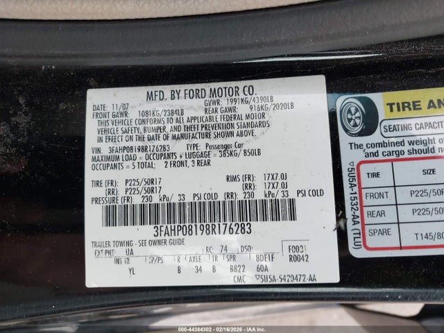 Aukcja sprzedaży 2008 Ford Fusion Sel, vin: 3FAHP08198R176283, numer aukcji: 44384302
