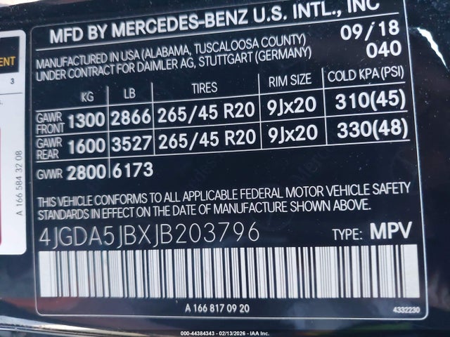 4JGDA5JBXJB203796 Mercedes-Benz GLE 350