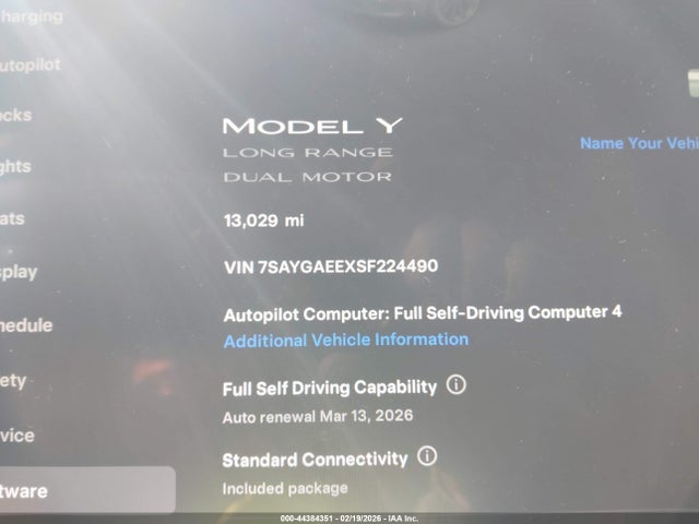 44384351 :رقم المزاد ، 7SAYGAEEXSF224490 vin ، 2025 Tesla Model Y Long Range Dual Motor All-wheel Drive مزاد بيع