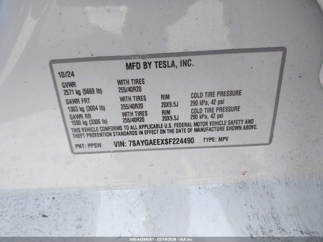 44384351 :رقم المزاد ، 7SAYGAEEXSF224490 vin ، 2025 Tesla Model Y Long Range Dual Motor All-wheel Drive مزاد بيع