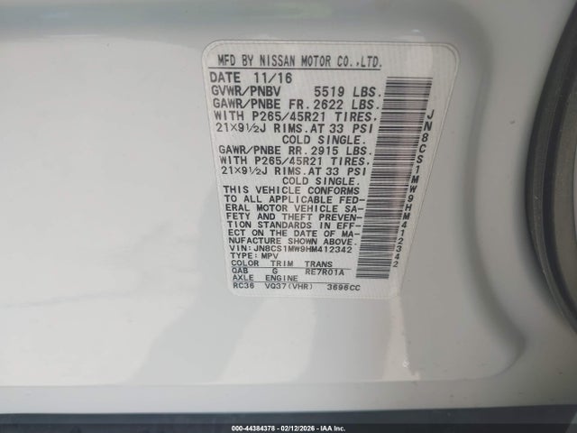 44384378 :رقم المزاد ، JN8CS1MW9HM412342 vin ، 2017 Infiniti Qx70 مزاد بيع