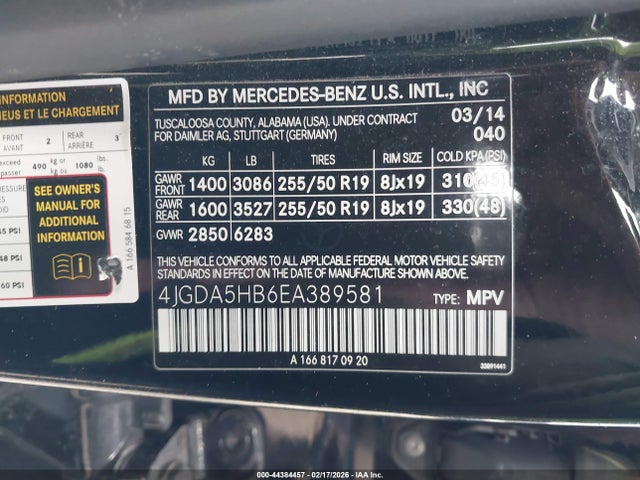 2014 Mercedes-benz Ml 350 4matic მანქანა იყიდება აუქციონზე, vin: 4JGDA5HB6EA389581, აუქციონის ნომერი: 44384457