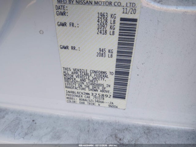 1N4BL4CV2MN325892 Nissan Altima Sr Fwd