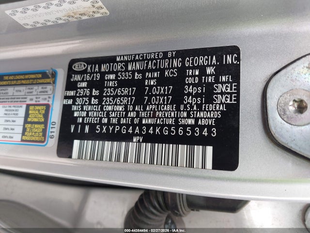 2019 Kia Sorento 2.4l L მანქანა იყიდება აუქციონზე, vin: 5XYPG4A34KG565343, აუქციონის ნომერი: 44384494