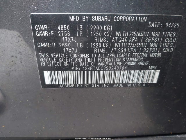 2025 Subaru Outback Premium მანქანა იყიდება აუქციონზე, vin: 4S4BTADC3S3248704, აუქციონის ნომერი: 44384523