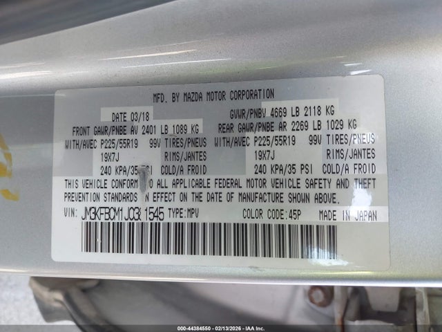44384550 :رقم المزاد ، JM3KFBCM1J0381545 vin ، 2018 Mazda Cx-5 Touring مزاد بيع