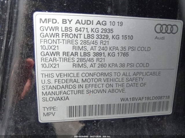 44384565 :رقم المزاد ، WA1BVAF19LD008718 vin ، 2020 Audi Q8 Premium Plus 55 Tfsi Quattro Tiptronic مزاد بيع