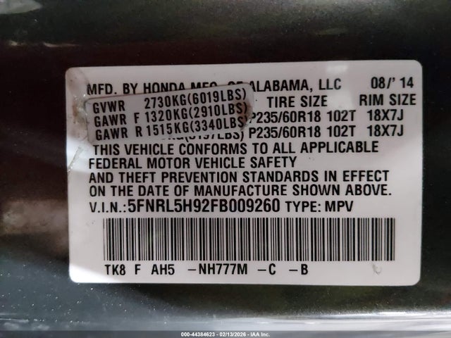 5FNRL5H92FB009260 Honda Odyssey Touring/touring Elite