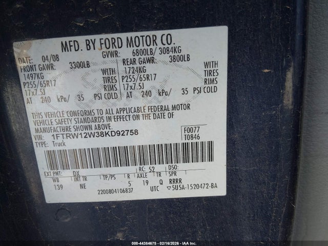 44384675 :رقم المزاد ، 1FTRW12W38KD92758 vin ، 2008 Ford F-150 60th Anniversary/fx2/xl/xlt مزاد بيع