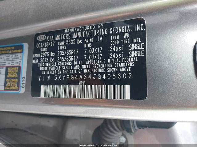Aukcja sprzedaży 2018 Kia Sorento 2.4l Lx, vin: 5XYPG4A34JG405302, numer aukcji: 44384708