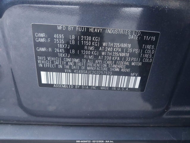 4S4BSAJC2G3257523 Subaru Outback 2.5i Limited