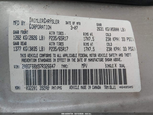 Продаж на аукціоні авто 2007 Chrysler Pacifica Touring, vin: 2A8GF68X97R326647, номер лоту: 44384739