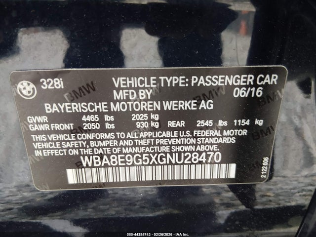 44384743 :رقم المزاد ، WBA8E9G5XGNU28470 vin ، 2016 Bmw 328i مزاد بيع