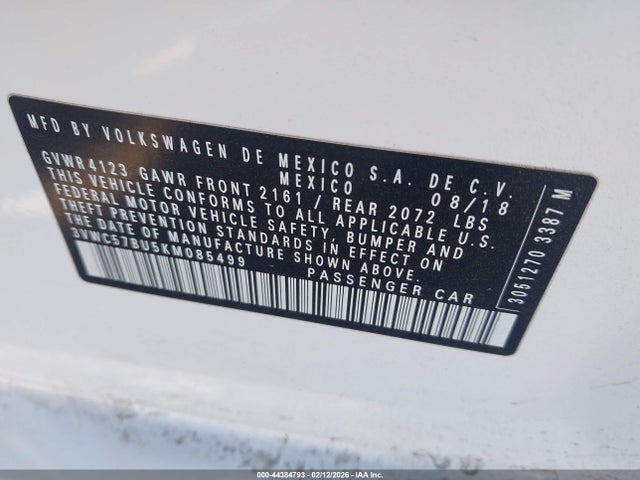 44384793 :رقم المزاد ، 3VWC57BU5KM085499 vin ، 2019 Volkswagen Jetta 1.4t R-line/1.4t S/1.4t Se مزاد بيع