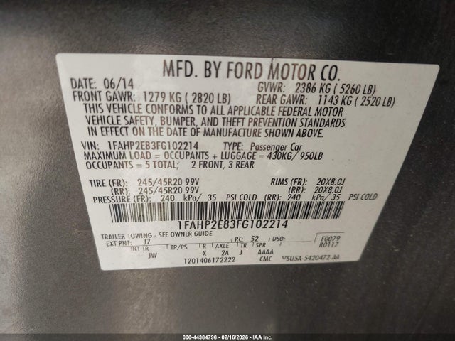 Ford TAURUS SEL 2015 1FAHP2E83FG102214 Image 9