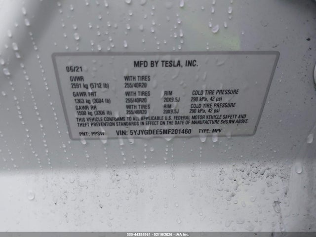 2021 Tesla Model Y Long Range Dual Motor All-wheel Drive მანქანა იყიდება აუქციონზე, vin: 5YJYGDEE5MF201460, აუქციონის ნომერი: 44384961