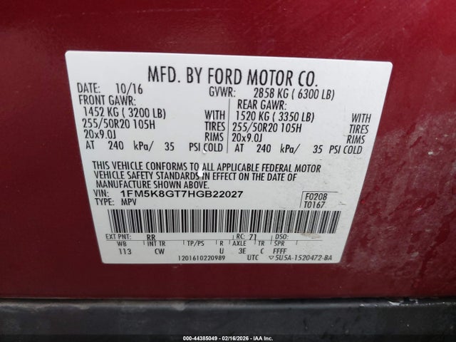 Auction sale of the 2017 Ford Explorer Sport, vin: 1FM5K8GT7HGB22027, lot number: 44385049