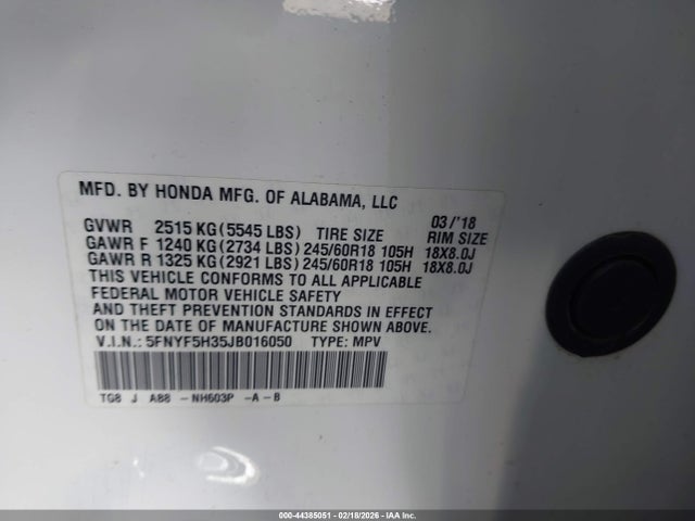 5FNYF5H35JB016050 Honda Pilot Ex