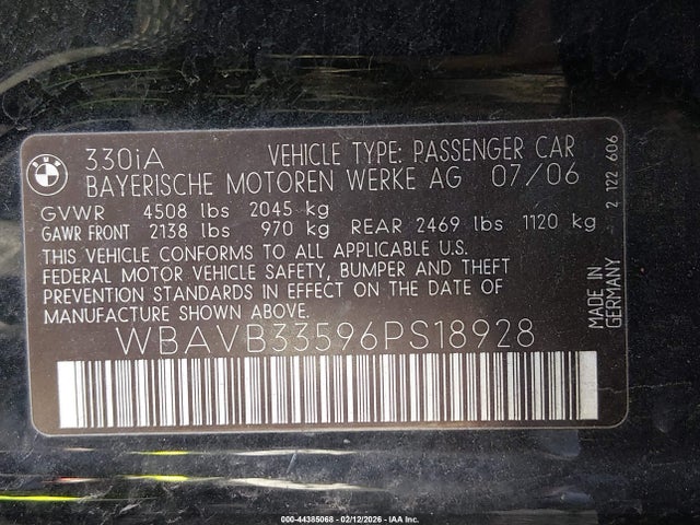 Aukcja sprzedaży 2006 Bmw 330i, vin: WBAVB33596PS18928, numer aukcji: 44385068