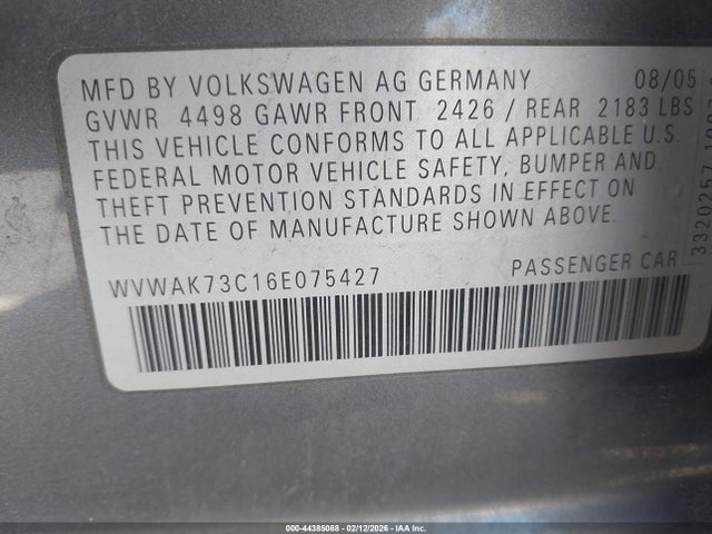 2006 Volkswagen Passat 2.0t მანქანა იყიდება აუქციონზე, vin: WVWAK73C16E075427, აუქციონის ნომერი: 44385088
