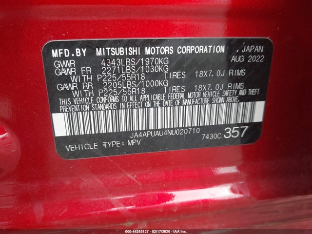 Продаж на аукціоні авто 2022 Mitsubishi Outlander Sport 2.0 Be 2wd/2.0 Es 2wd/2.0 Le 2wd/2.0 S 2wd, vin: JA4APUAU4NU020710, номер лоту: 44385127