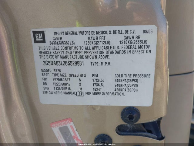 2006 Buick Rendezvous Cx მანქანა იყიდება აუქციონზე, vin: 3G5DA03L26S529981, აუქციონის ნომერი: 44385212