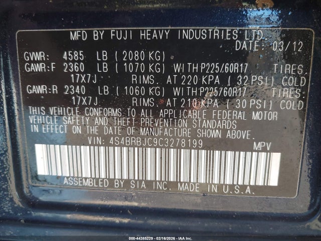 44385229 :رقم المزاد ، 4S4BRBJC9C3278199 vin ، 2012 Subaru Outback 2.5i Limited مزاد بيع