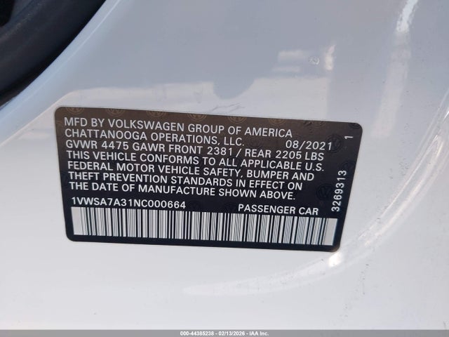 44385238 :رقم المزاد ، 1VWSA7A31NC000664 vin ، 2022 Volkswagen Passat 2.0t Se مزاد بيع