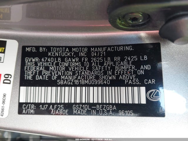 Продажа на аукционе авто 2021 Lexus Es 350 F Sport, vin: 58AGZ1B18MU099640, номер лота: 44385256